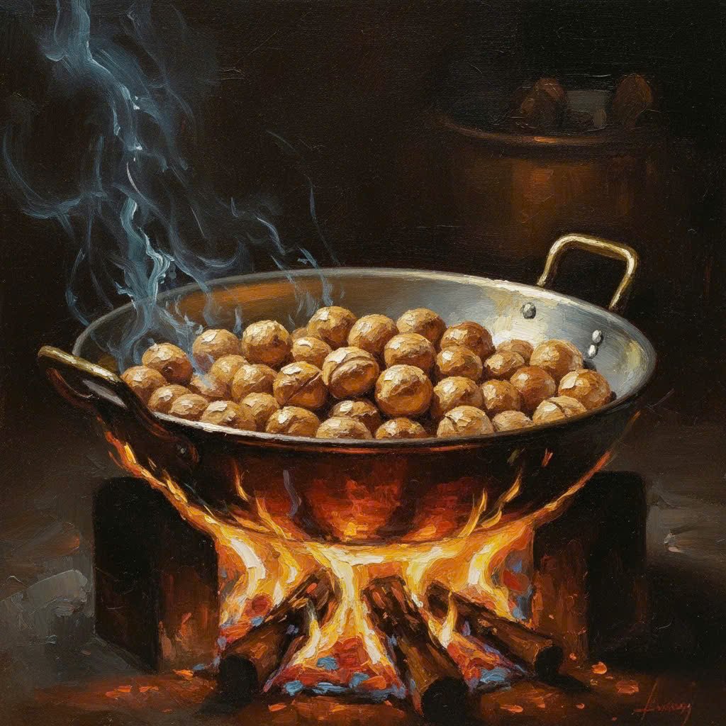 Hạt mắc ca đang được rang vàng trong chảo gang trên bếp lửa