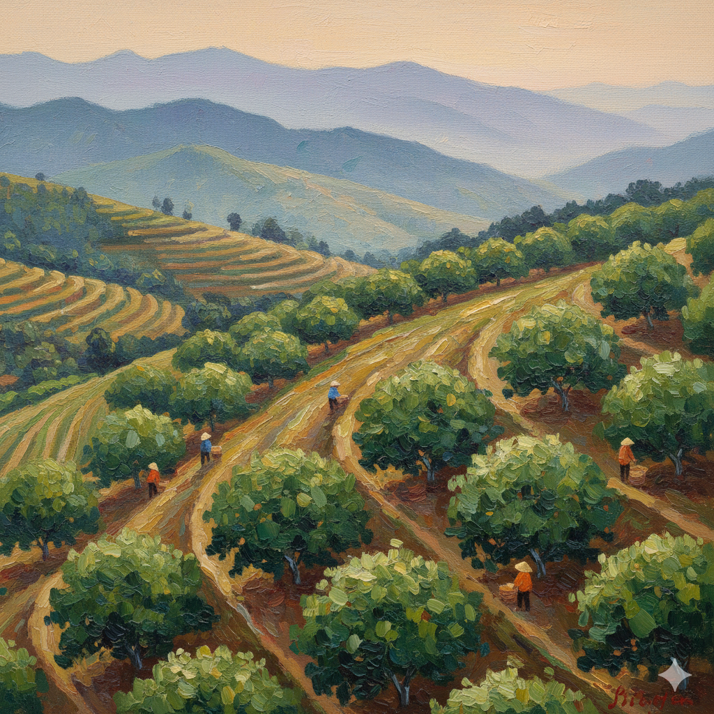 Cánh đồng mắc ca Lâm Đồng vào buổi sáng sớm với sương mù bao phủ